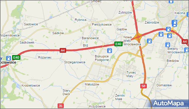 mapa Biskupice Podgórne, Biskupice Podgórne na mapie Targeo