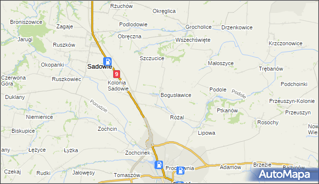 mapa Bogusławice gmina Sadowie, Bogusławice gmina Sadowie na mapie Targeo