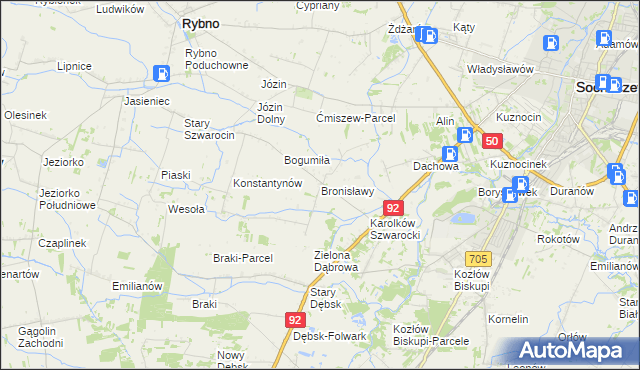mapa Bronisławy gmina Rybno, Bronisławy gmina Rybno na mapie Targeo