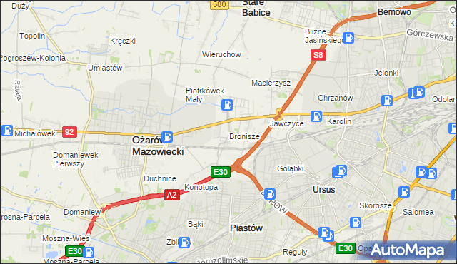 mapa Bronisze gmina Ożarów Mazowiecki, Bronisze gmina Ożarów Mazowiecki na mapie Targeo