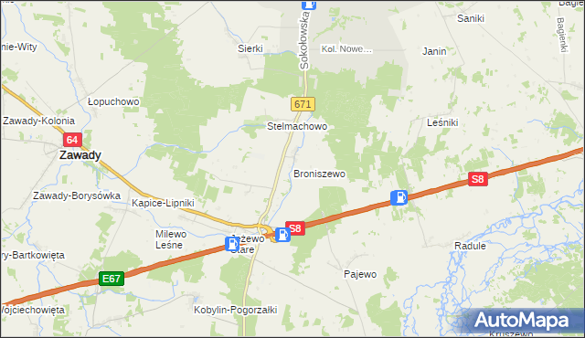 mapa Broniszewo gmina Tykocin, Broniszewo gmina Tykocin na mapie Targeo