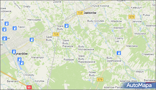 mapa Budy Michałowskie gmina Jaktorów, Budy Michałowskie gmina Jaktorów na mapie Targeo