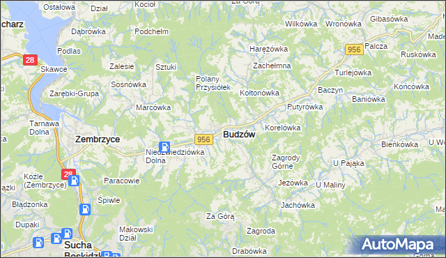 mapa Budzów powiat suski, Budzów powiat suski na mapie Targeo