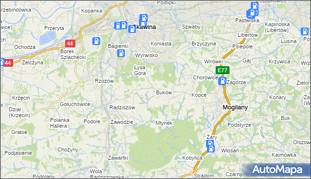 mapa Buków gmina Mogilany, Buków gmina Mogilany na mapie Targeo
