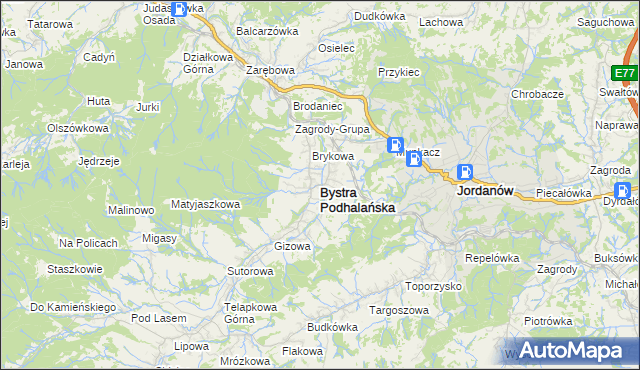 mapa Bystra Podhalańska, Bystra Podhalańska na mapie Targeo