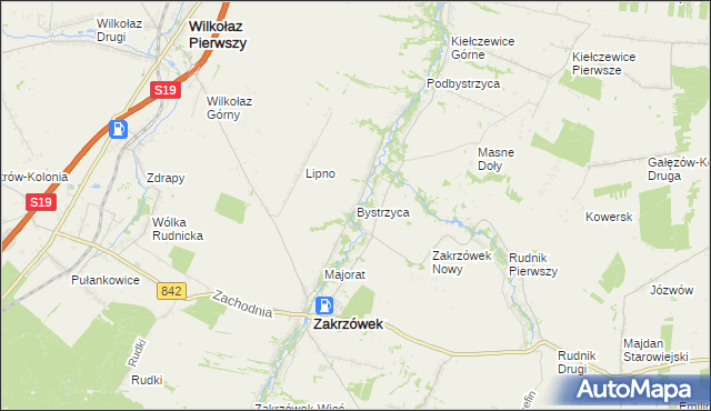 mapa Bystrzyca gmina Zakrzówek, Bystrzyca gmina Zakrzówek na mapie Targeo