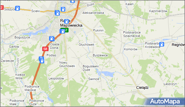 mapa Byszewice gmina Rawa Mazowiecka, Byszewice gmina Rawa Mazowiecka na mapie Targeo