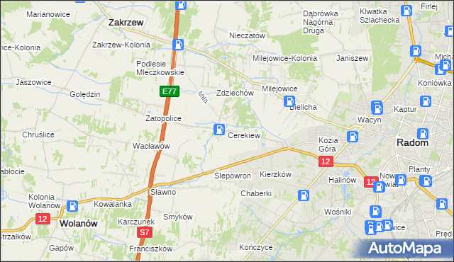 mapa Cerekiew gmina Zakrzew, Cerekiew gmina Zakrzew na mapie Targeo