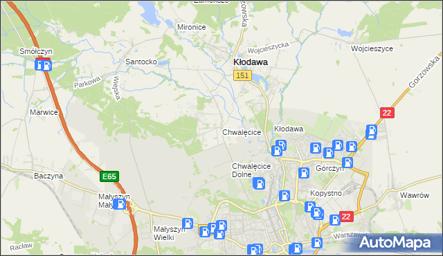 mapa Chwalęcice gmina Kłodawa, Chwalęcice gmina Kłodawa na mapie Targeo