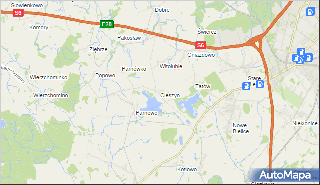 mapa Cieszyn gmina Biesiekierz, Cieszyn gmina Biesiekierz na mapie Targeo