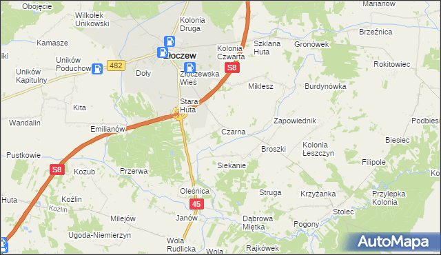 mapa Czarna gmina Złoczew, Czarna gmina Złoczew na mapie Targeo