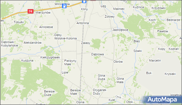 mapa Dąbrowa gmina Kiełczygłów, Dąbrowa gmina Kiełczygłów na mapie Targeo