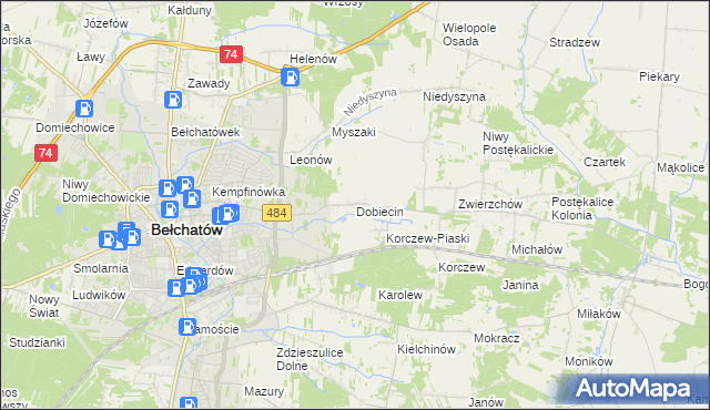 mapa Dobiecin gmina Bełchatów, Dobiecin gmina Bełchatów na mapie Targeo