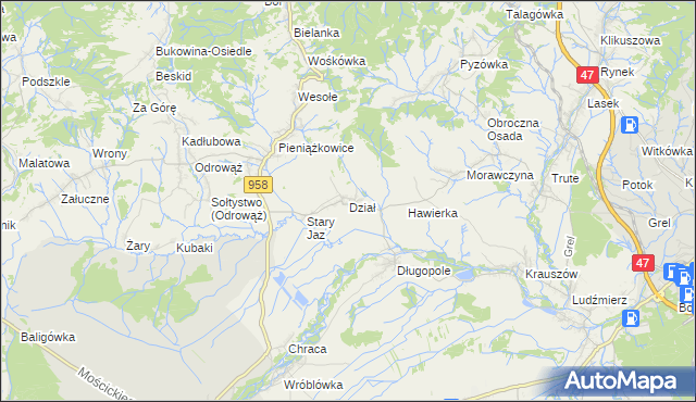 mapa Dział gmina Czarny Dunajec, Dział gmina Czarny Dunajec na mapie Targeo