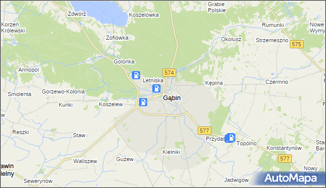mapa Gąbin powiat płocki, Gąbin powiat płocki na mapie Targeo
