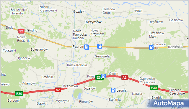 mapa Genowefa gmina Krzymów, Genowefa gmina Krzymów na mapie Targeo