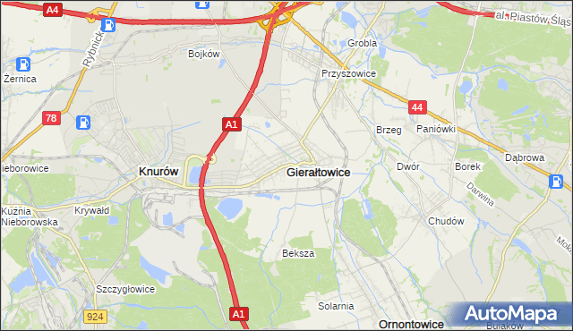 mapa Gierałtowice powiat gliwicki, Gierałtowice powiat gliwicki na mapie Targeo