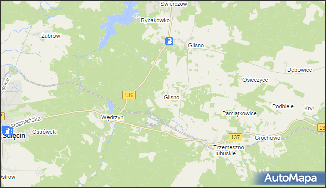 mapa Glisno gmina Sulęcin, Glisno gmina Sulęcin na mapie Targeo