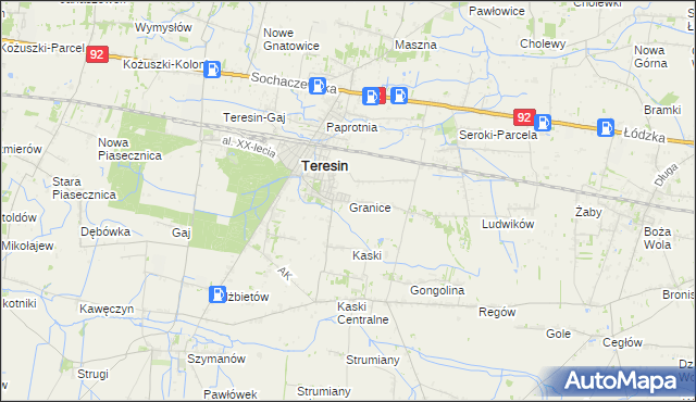 mapa Granice gmina Teresin, Granice gmina Teresin na mapie Targeo