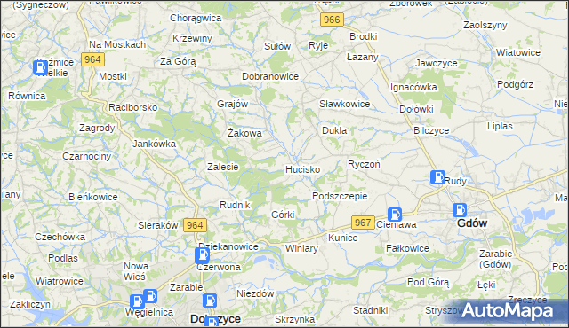 mapa Hucisko gmina Gdów, Hucisko gmina Gdów na mapie Targeo