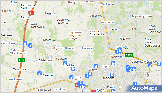 mapa Janiszew gmina Zakrzew, Janiszew gmina Zakrzew na mapie Targeo
