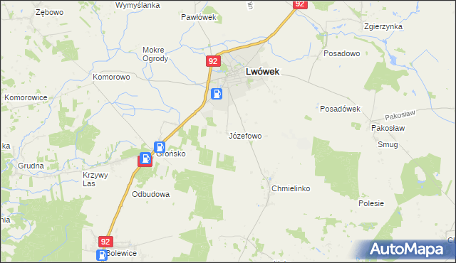 mapa Józefowo gmina Lwówek, Józefowo gmina Lwówek na mapie Targeo