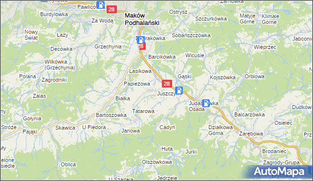 mapa Juszczyn gmina Maków Podhalański, Juszczyn gmina Maków Podhalański na mapie Targeo