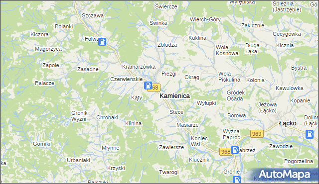 mapa Kamienica powiat limanowski, Kamienica powiat limanowski na mapie Targeo