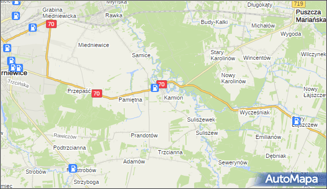 mapa Kamion gmina Puszcza Mariańska, Kamion gmina Puszcza Mariańska na mapie Targeo