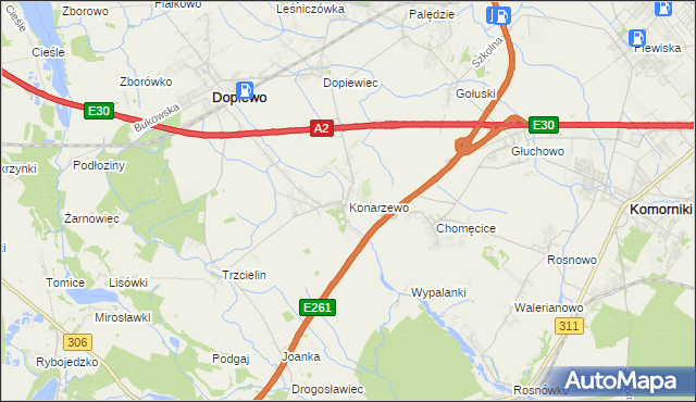 mapa Konarzewo gmina Dopiewo, Konarzewo gmina Dopiewo na mapie Targeo