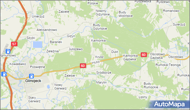 mapa Krusz gmina Glinojeck, Krusz gmina Glinojeck na mapie Targeo