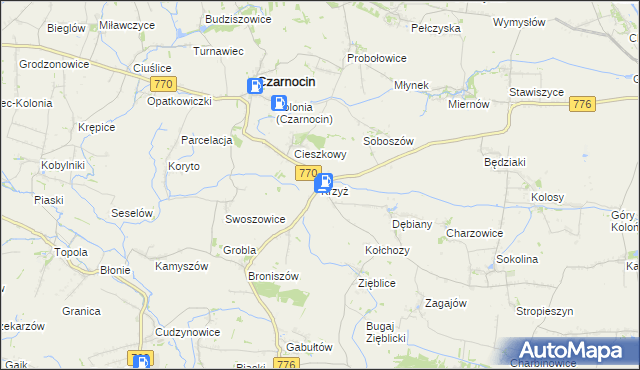 mapa Krzyż gmina Czarnocin, Krzyż gmina Czarnocin na mapie Targeo