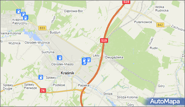 mapa Lasy gmina Kraśnik, Lasy gmina Kraśnik na mapie Targeo