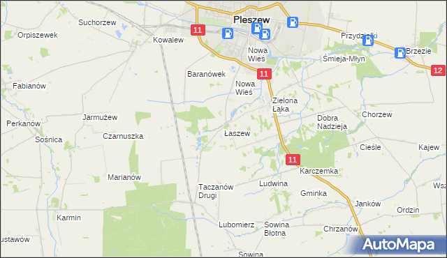 mapa Łaszew gmina Pleszew, Łaszew gmina Pleszew na mapie Targeo