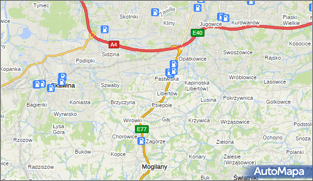 mapa Libertów gmina Mogilany, Libertów gmina Mogilany na mapie Targeo