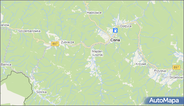 mapa Liszna gmina Cisna, Liszna gmina Cisna na mapie Targeo