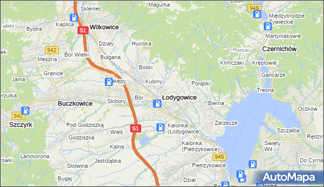 mapa Łodygowice powiat żywiecki, Łodygowice powiat żywiecki na mapie Targeo