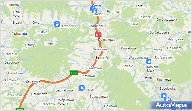 mapa Lubień powiat myślenicki, Lubień powiat myślenicki na mapie Targeo