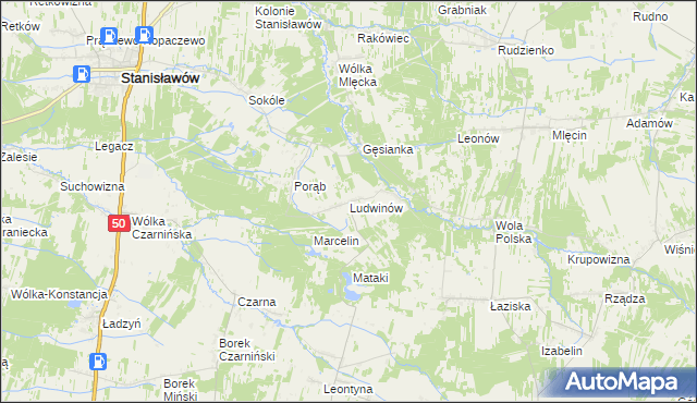 mapa Ludwinów gmina Jakubów, Ludwinów gmina Jakubów na mapie Targeo