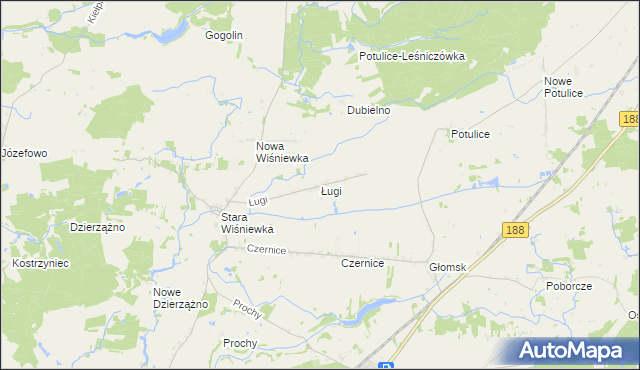 mapa Ługi gmina Zakrzewo, Ługi gmina Zakrzewo na mapie Targeo