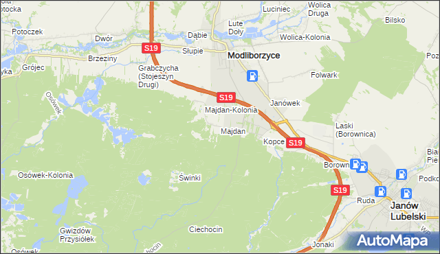 mapa Majdan gmina Modliborzyce, Majdan gmina Modliborzyce na mapie Targeo