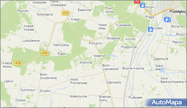 mapa Malenie gmina Poddębice, Malenie gmina Poddębice na mapie Targeo