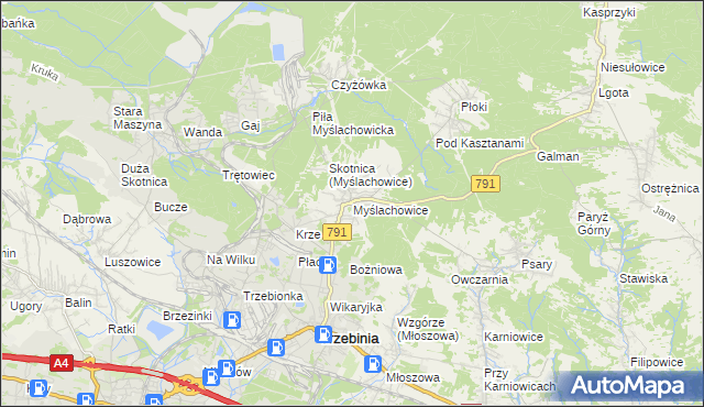 mapa Myślachowice, Myślachowice na mapie Targeo