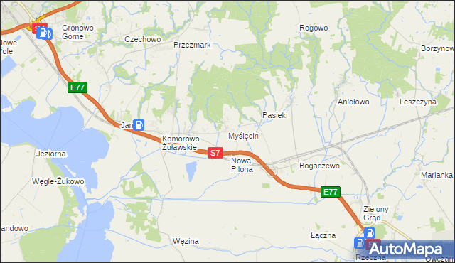 mapa Myślęcin gmina Elbląg, Myślęcin gmina Elbląg na mapie Targeo