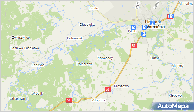 mapa Nowosady gmina Lidzbark Warmiński, Nowosady gmina Lidzbark Warmiński na mapie Targeo