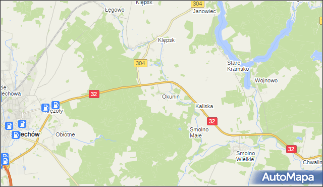 mapa Okunin gmina Sulechów, Okunin gmina Sulechów na mapie Targeo