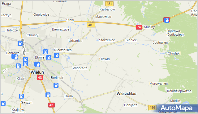mapa Olewin gmina Wieluń, Olewin gmina Wieluń na mapie Targeo