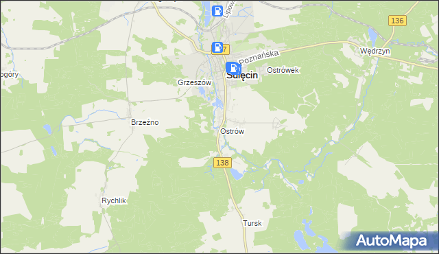 mapa Ostrów gmina Sulęcin, Ostrów gmina Sulęcin na mapie Targeo