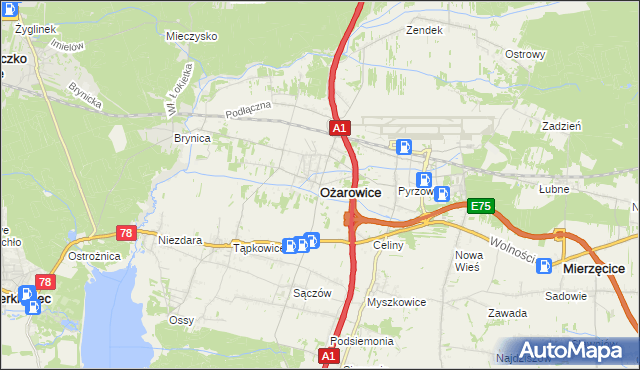 mapa Ożarowice, Ożarowice na mapie Targeo