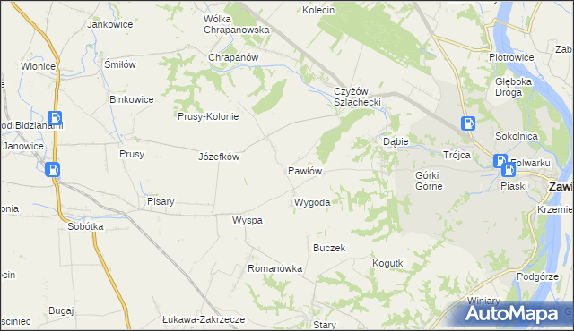 mapa Pawłów gmina Zawichost, Pawłów gmina Zawichost na mapie Targeo